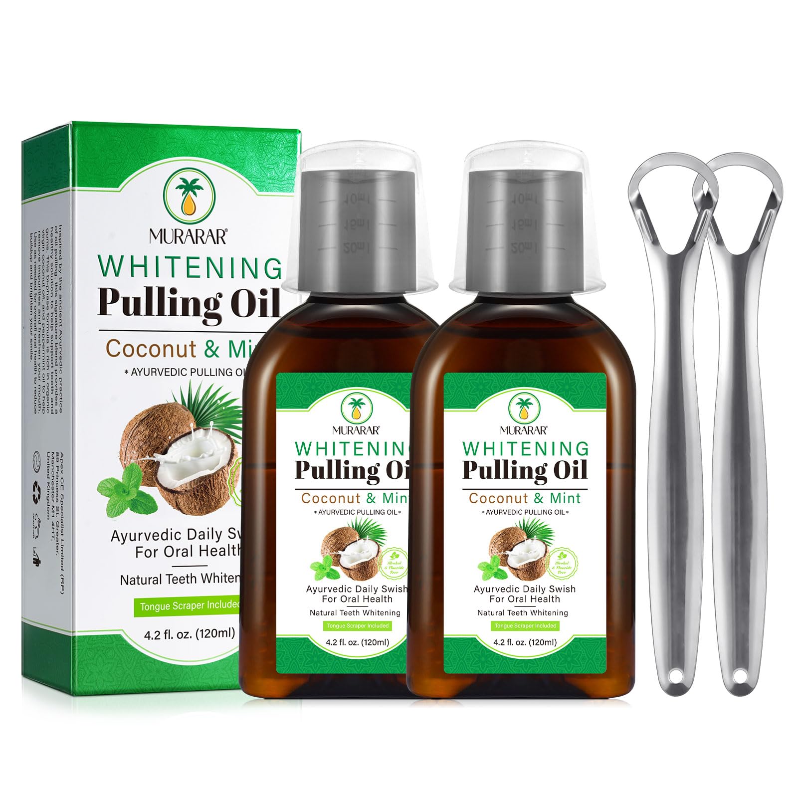 Coconut Mint Oil Pulling bottle with label on wooden background