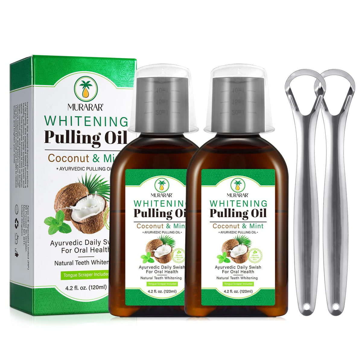 Coconut Mint Oil Pulling bottle with label on wooden background