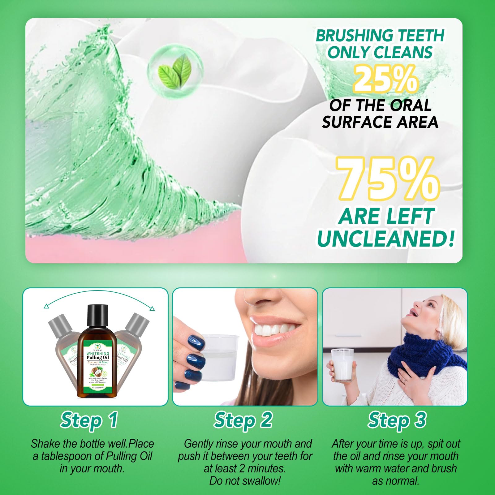 Boxed coconut mint oil pulling with tongue scraper and measuring cup
