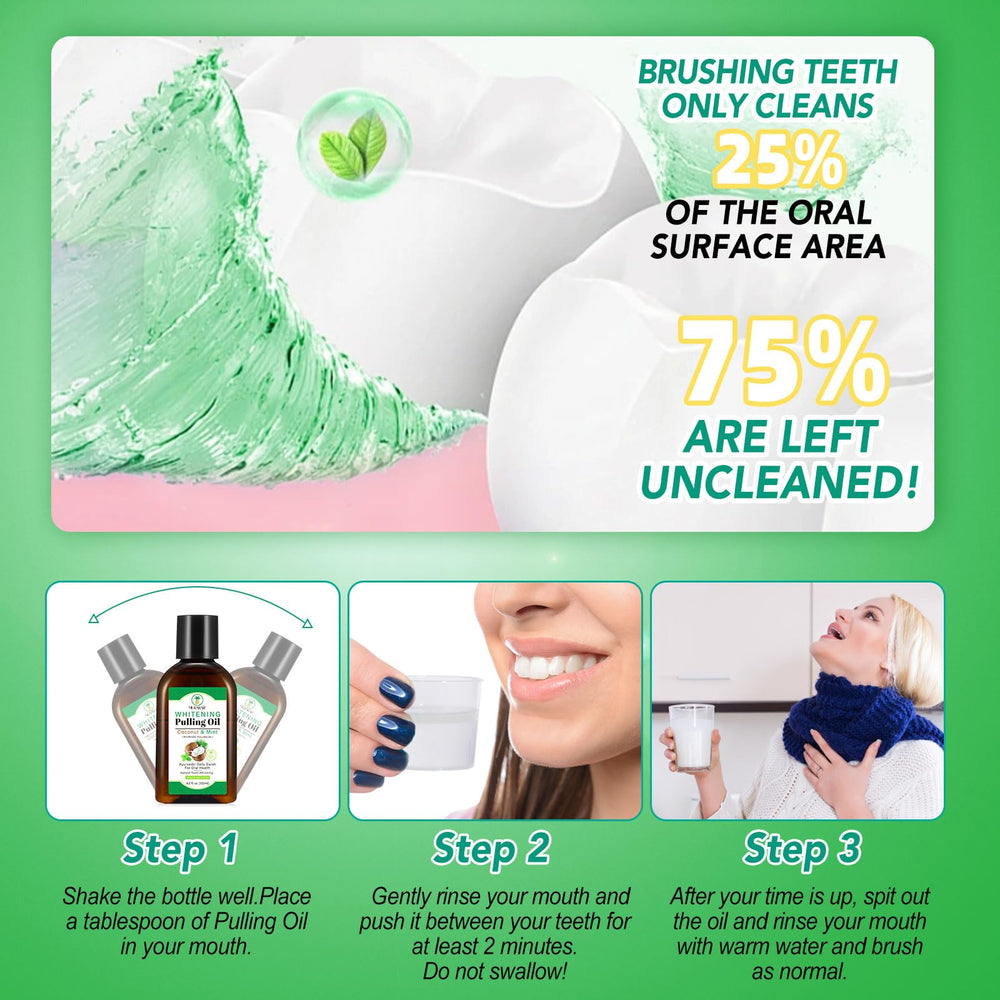 Boxed coconut mint oil pulling with tongue scraper and measuring cup