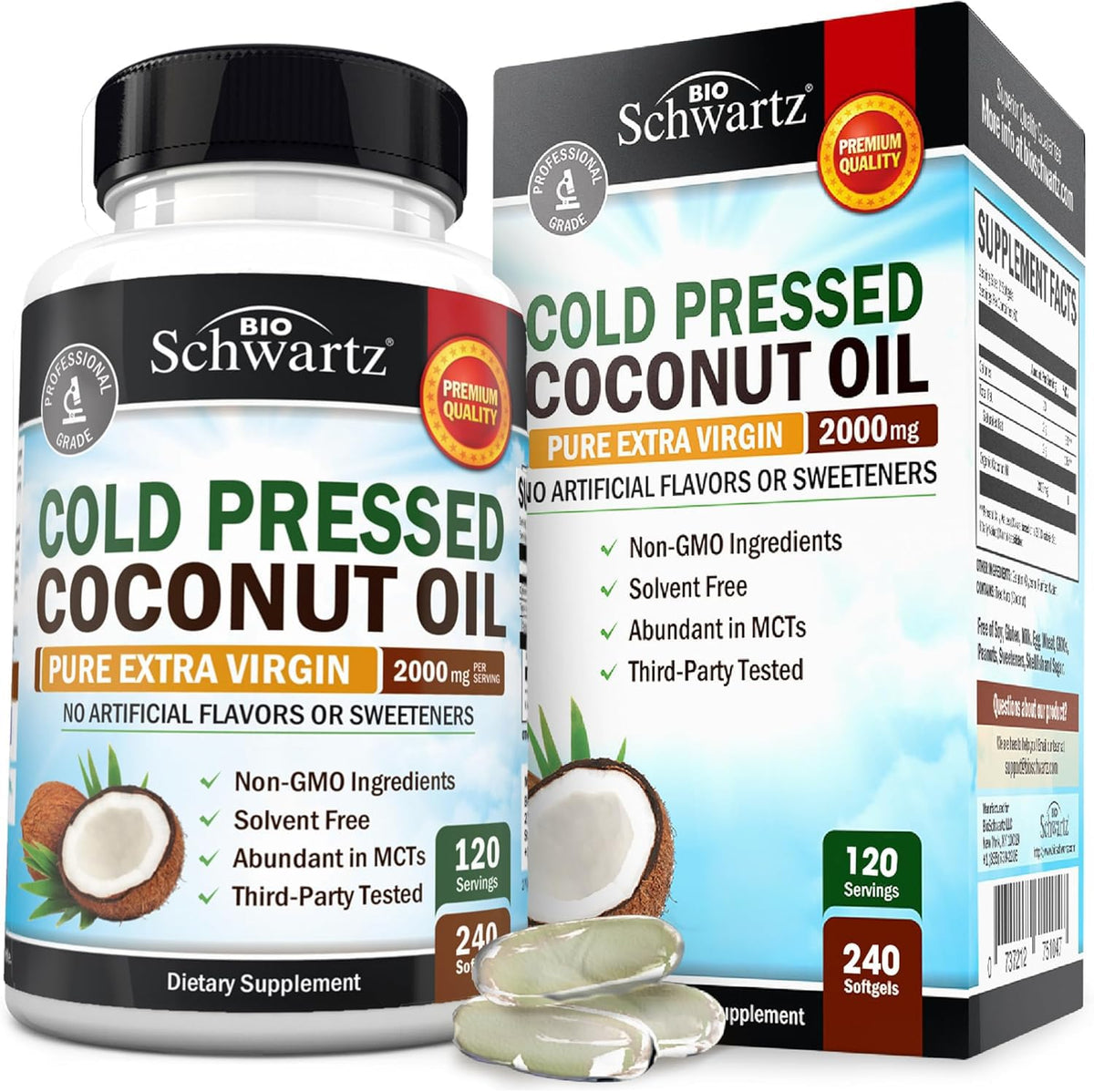 Front view of Coconut Oil Capsules 2000mg bottle