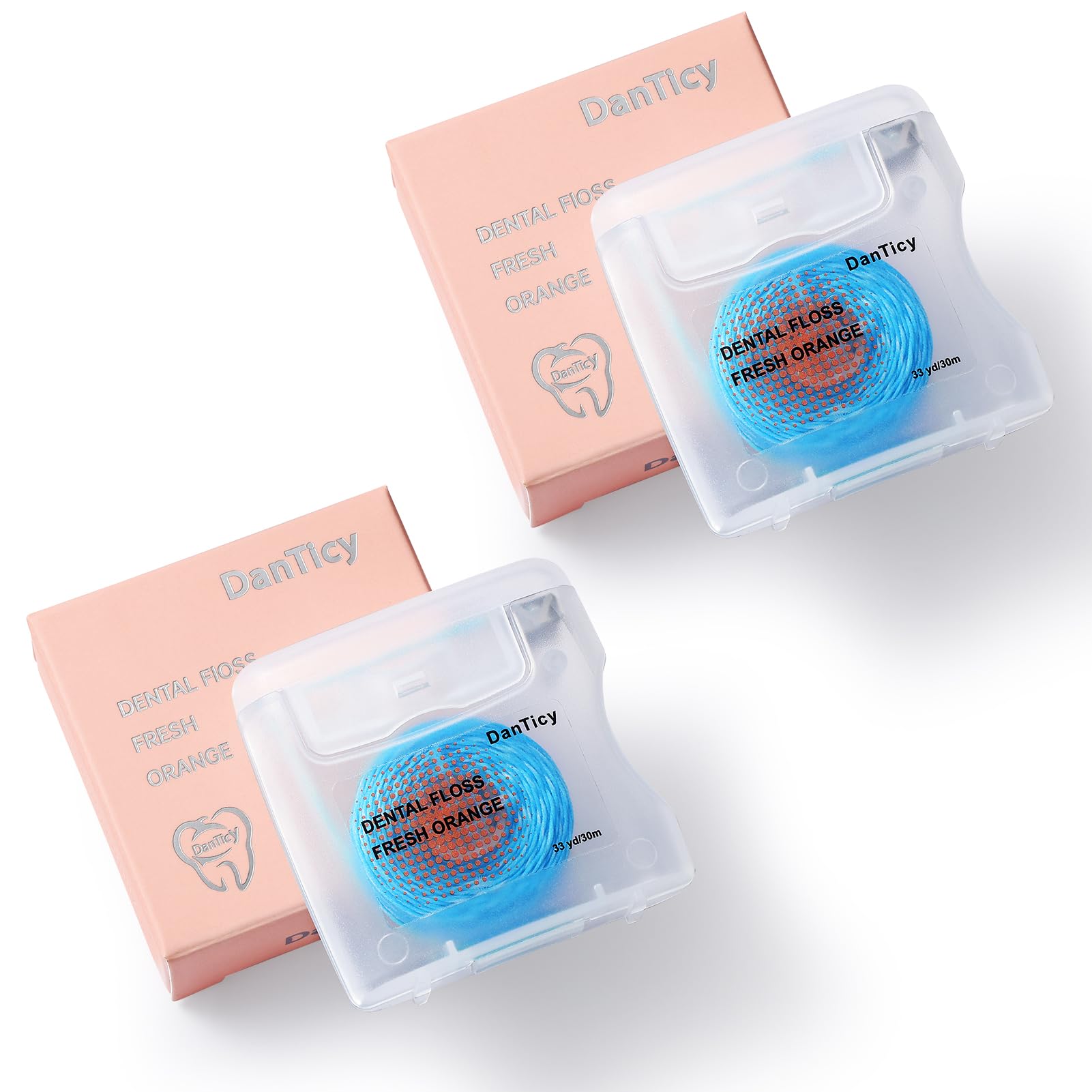 Coconut-oil infused woven dental floss with orange flavor packaging