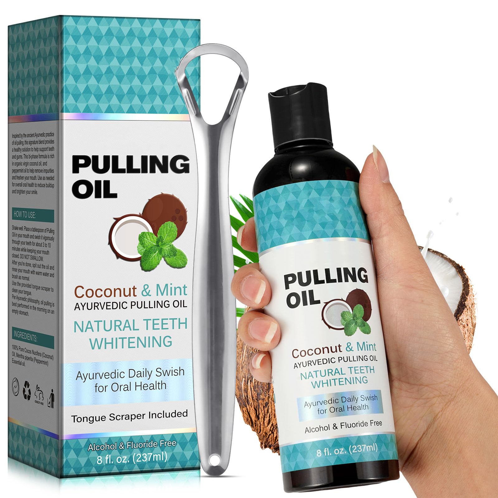 Bottle of coconut oil pulling mouthwash with peppermint and tongue scraper