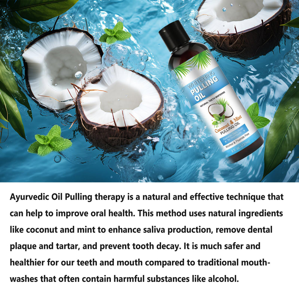 Coconut pulling oil with measuring cup and tongue scraper
