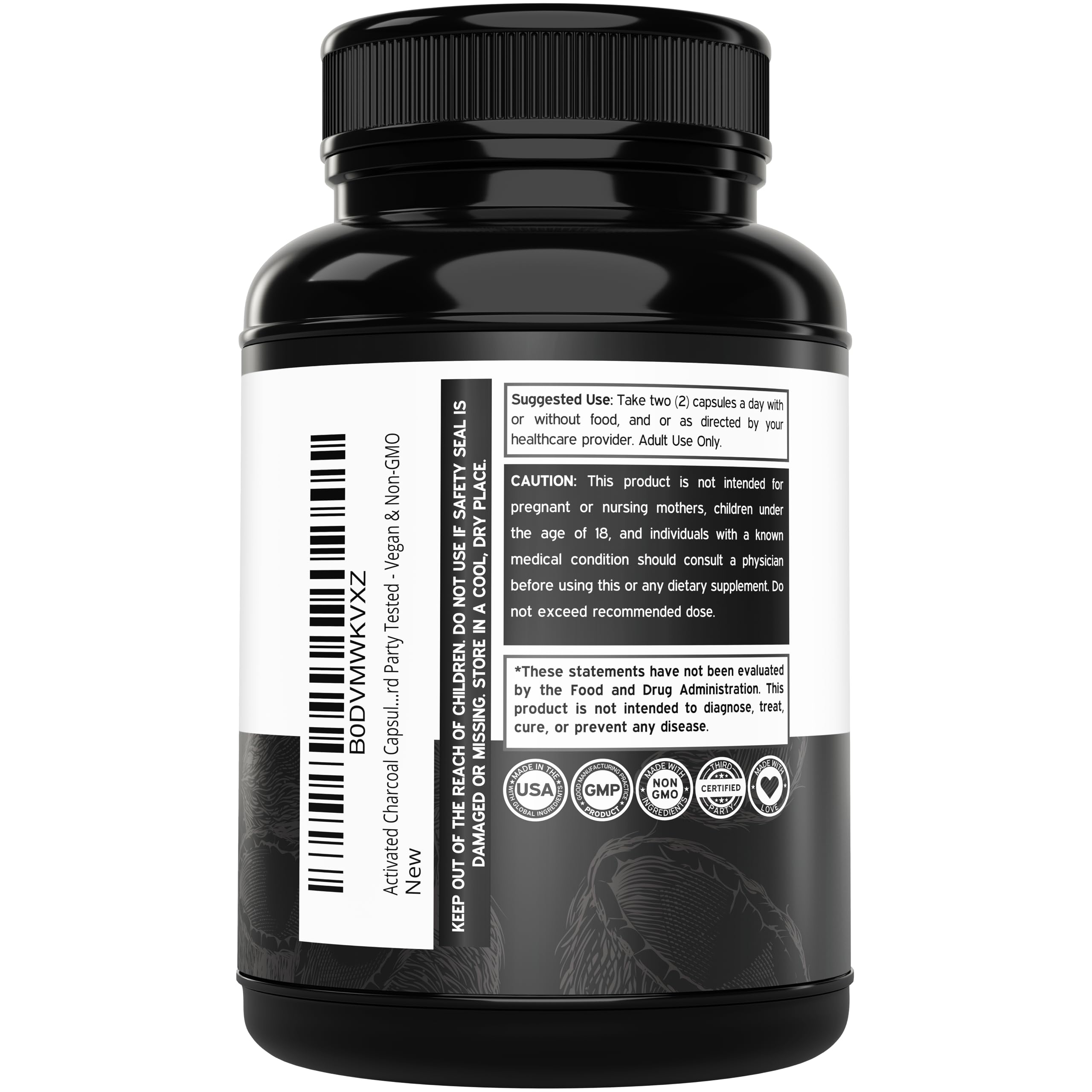 Charcoal capsules derived from coconut shells, 520mg each
