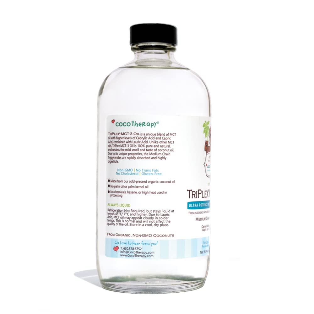 Close-up of CocoTherapy Triplex MCT-3 Oil bottle label