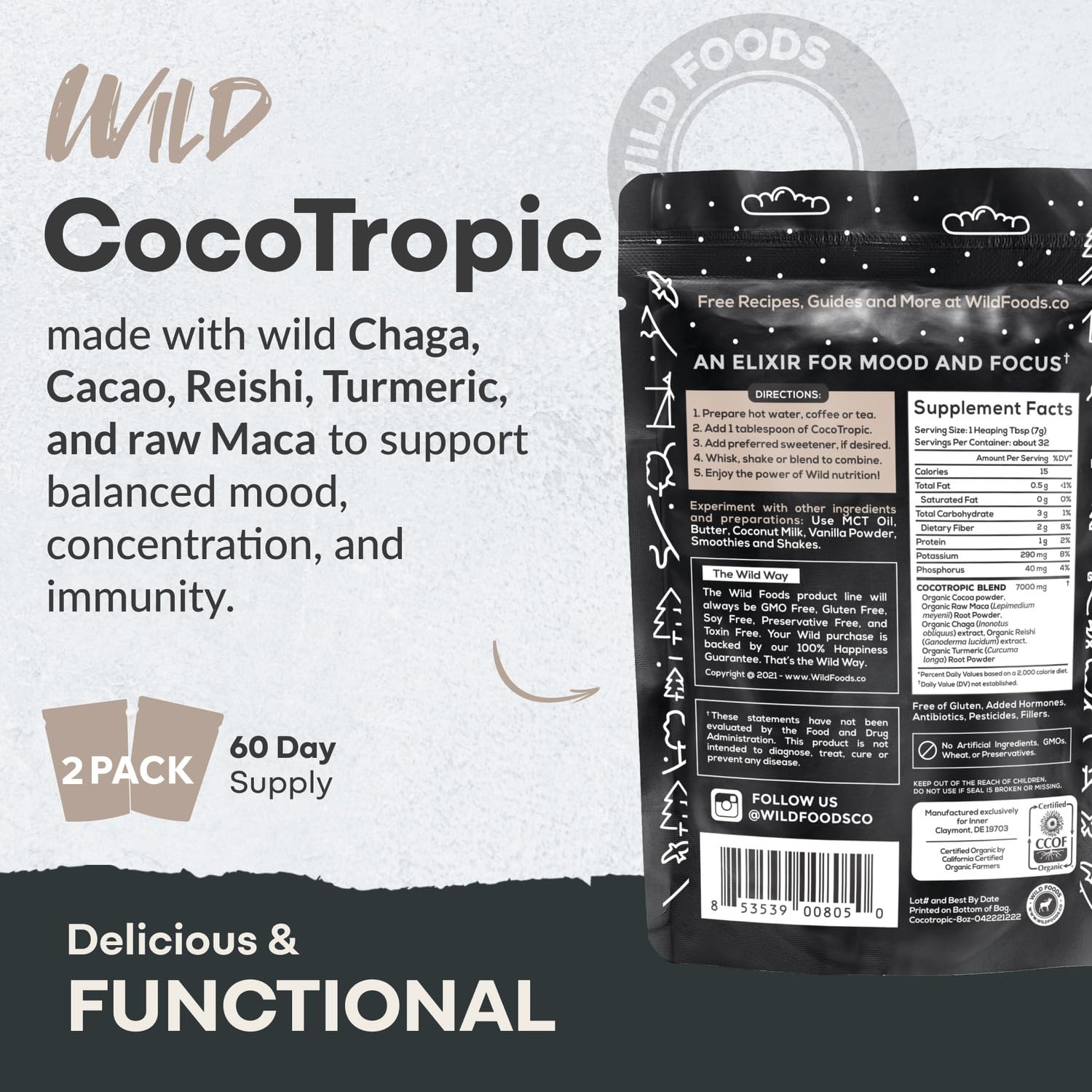 Close-up of Reishi, Chaga, Cacao and Maca mushrooms in the mix