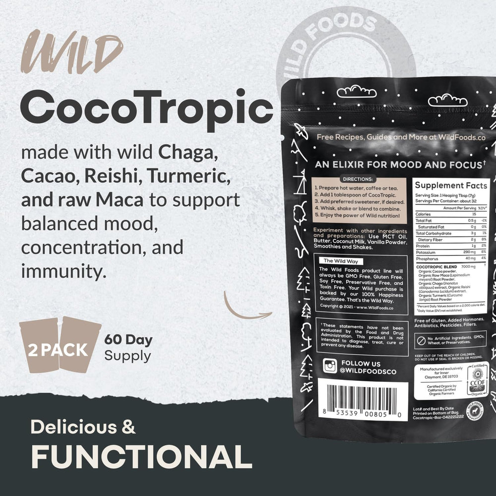 Close-up of Reishi, Chaga, Cacao and Maca mushrooms in the mix