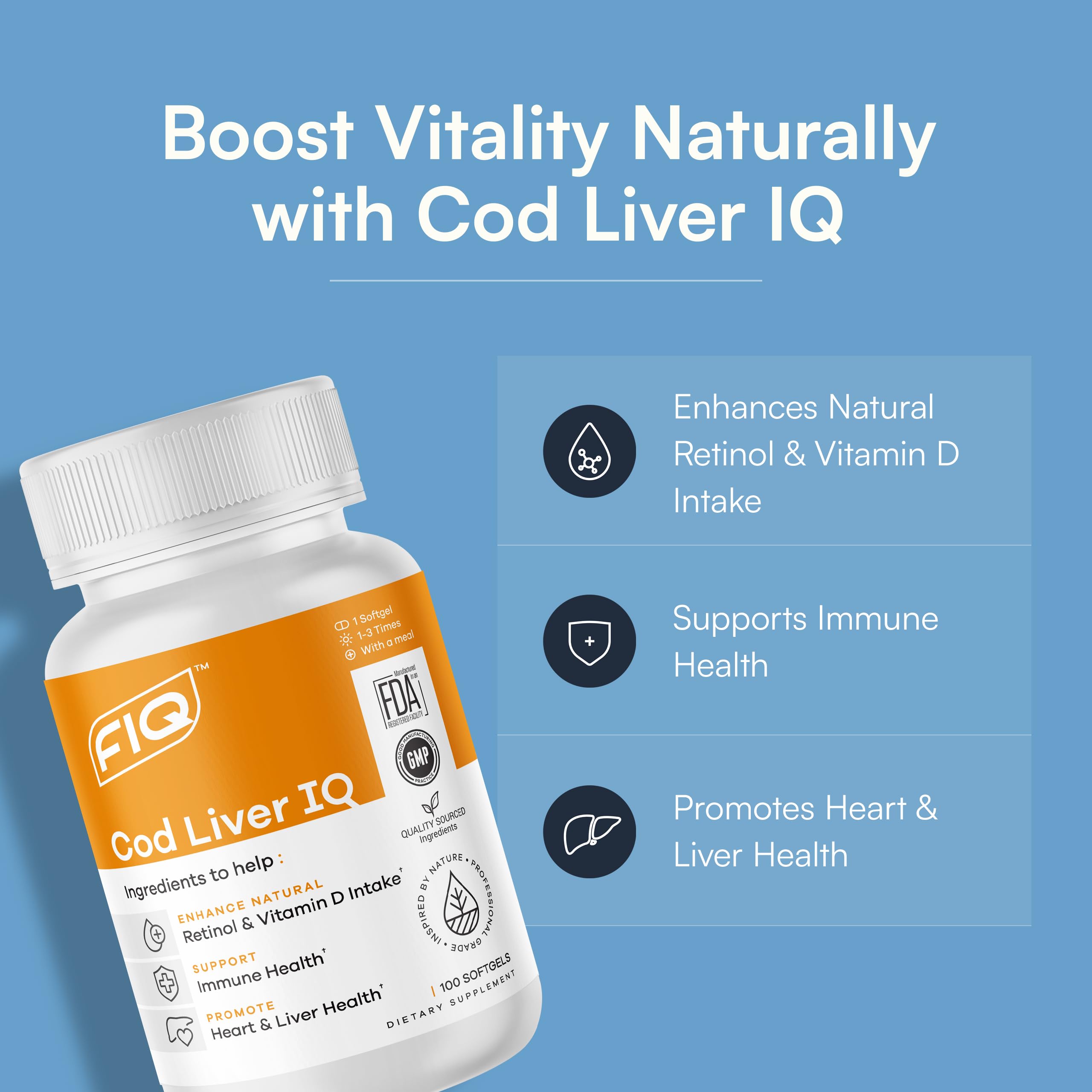 Close-up of Cod Liver IQ softgels capsules