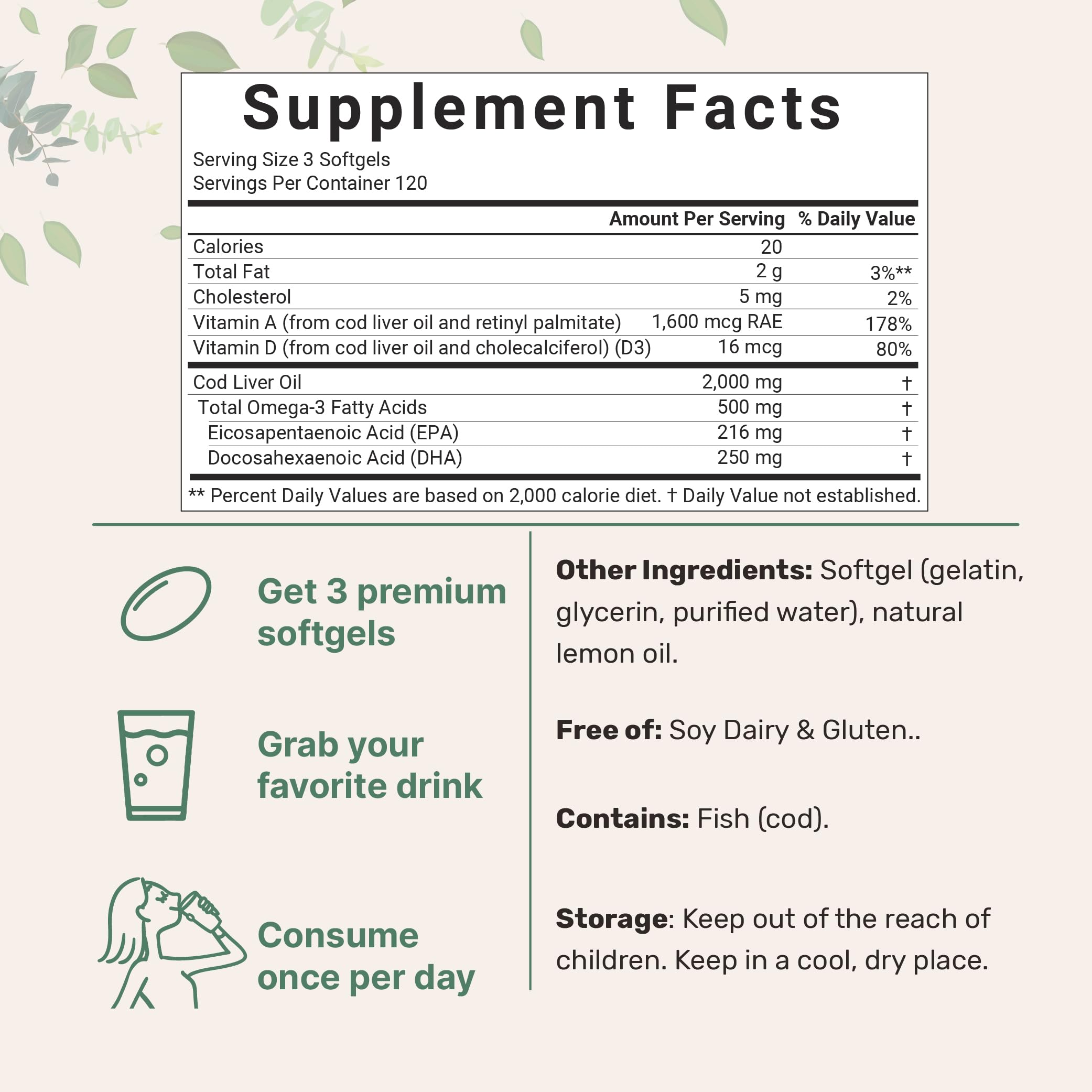 Packaging showing 360 burpless softgels with enteric coating for digestion