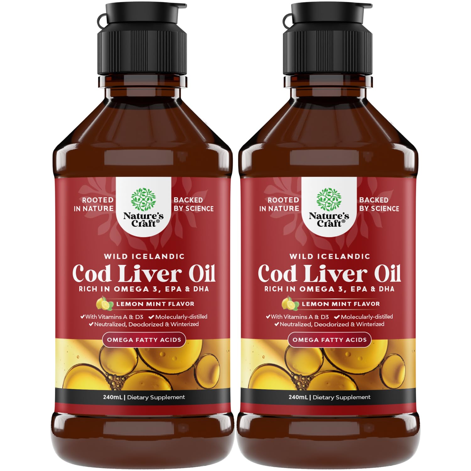 Front view of Icelandic wild-caught cod liver oil liquid bottle 240 ml 2-pack