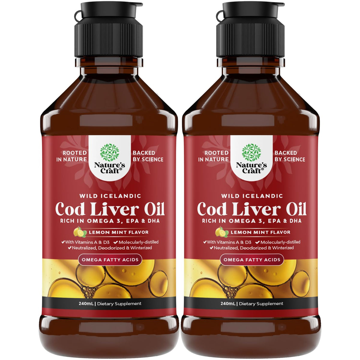 Front view of Icelandic wild-caught cod liver oil liquid bottle 240 ml 2-pack