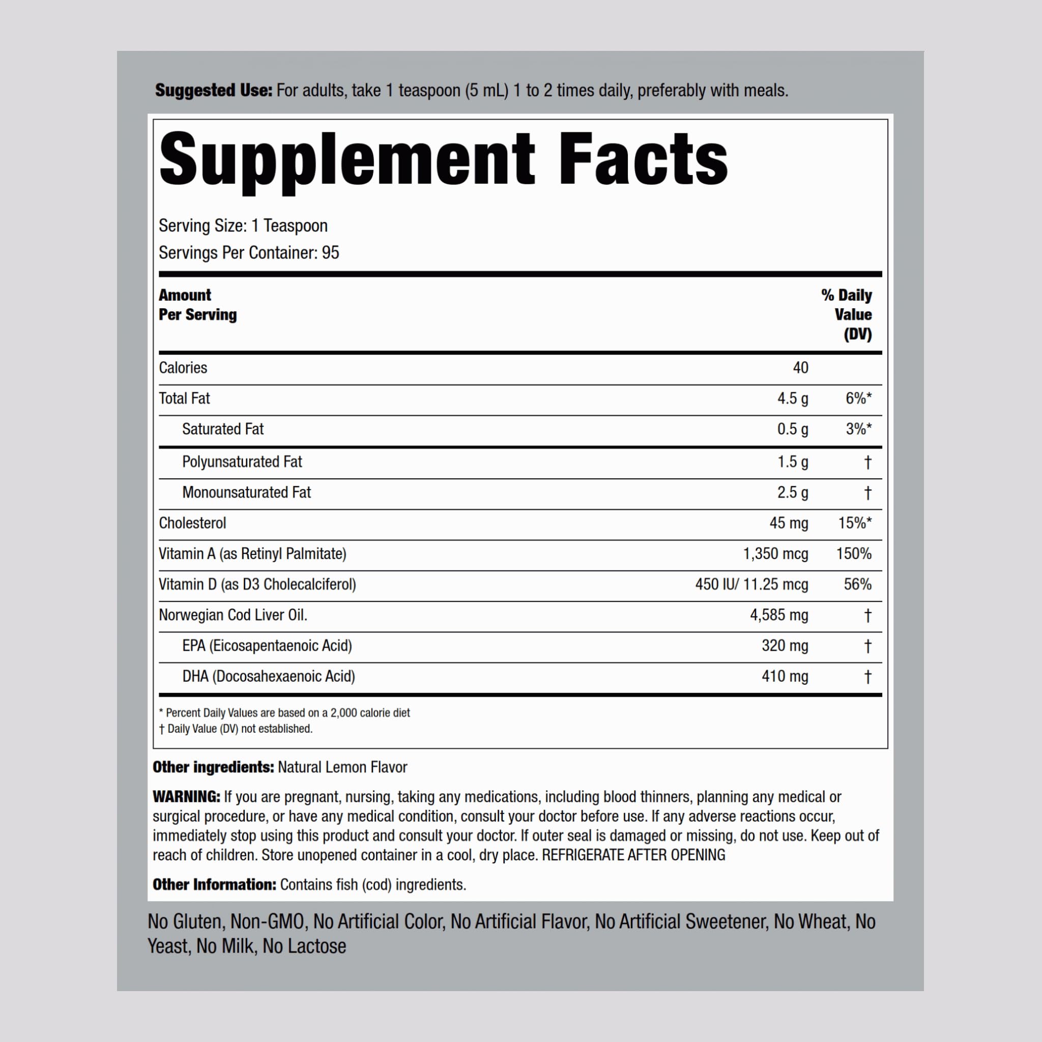 Cod Liver Oil Liquid with EPA and DHA Lemon Flavor 16 oz