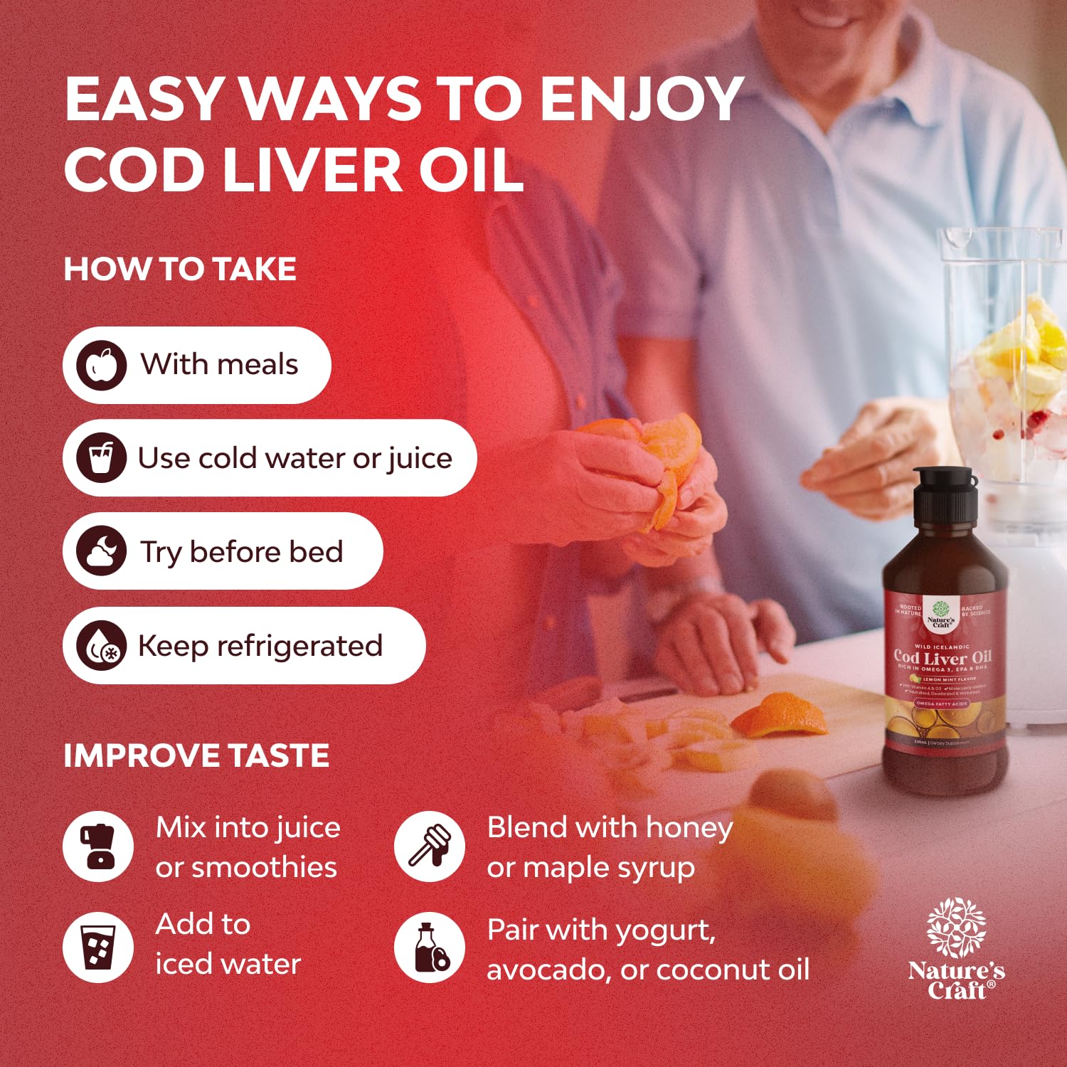 Label showing omega-3 EPA and DHA on cod liver oil bottle