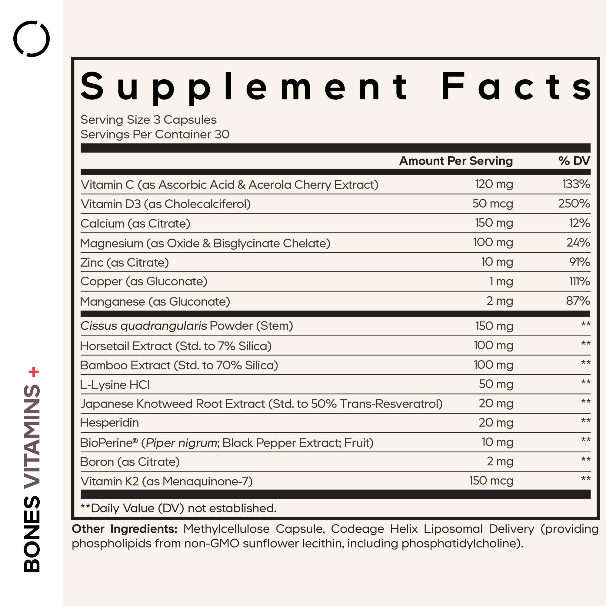 Back of Codeage Bones Vitamins+ bottle showing logo