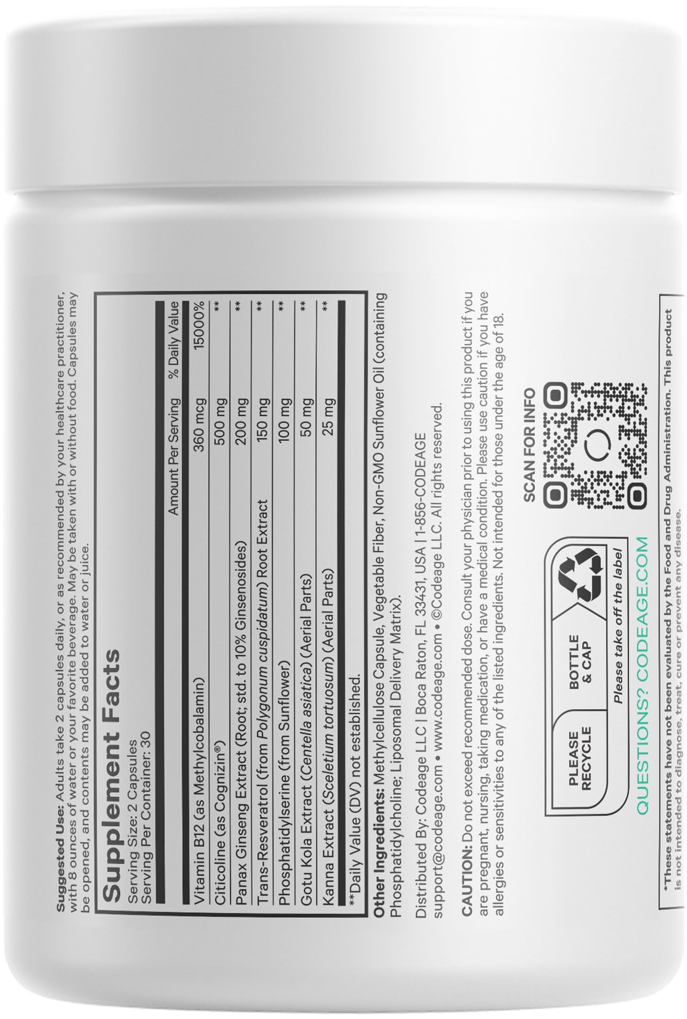 Close-up of bottle label and capsules