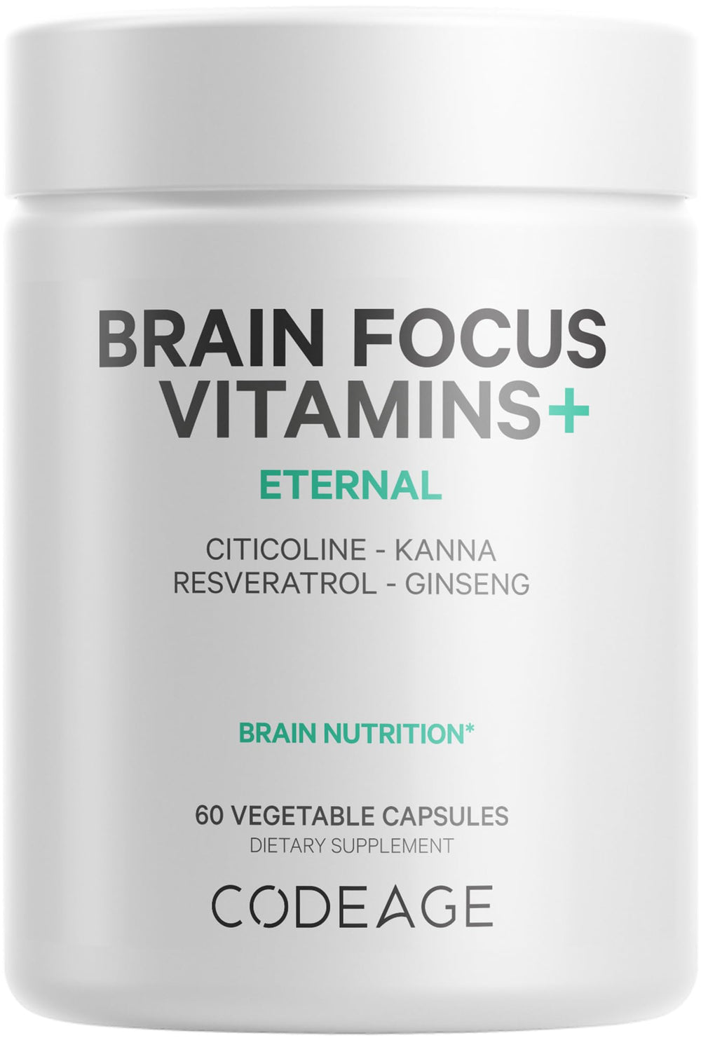 Bottle of Codeage Brain Focus Vitamins+ Nootropic supplement, 60 capsules