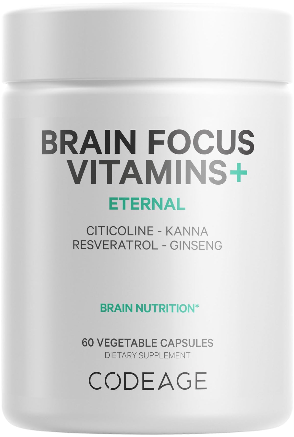 Bottle of Codeage Brain Focus Vitamins+ Nootropic supplement, 60 capsules