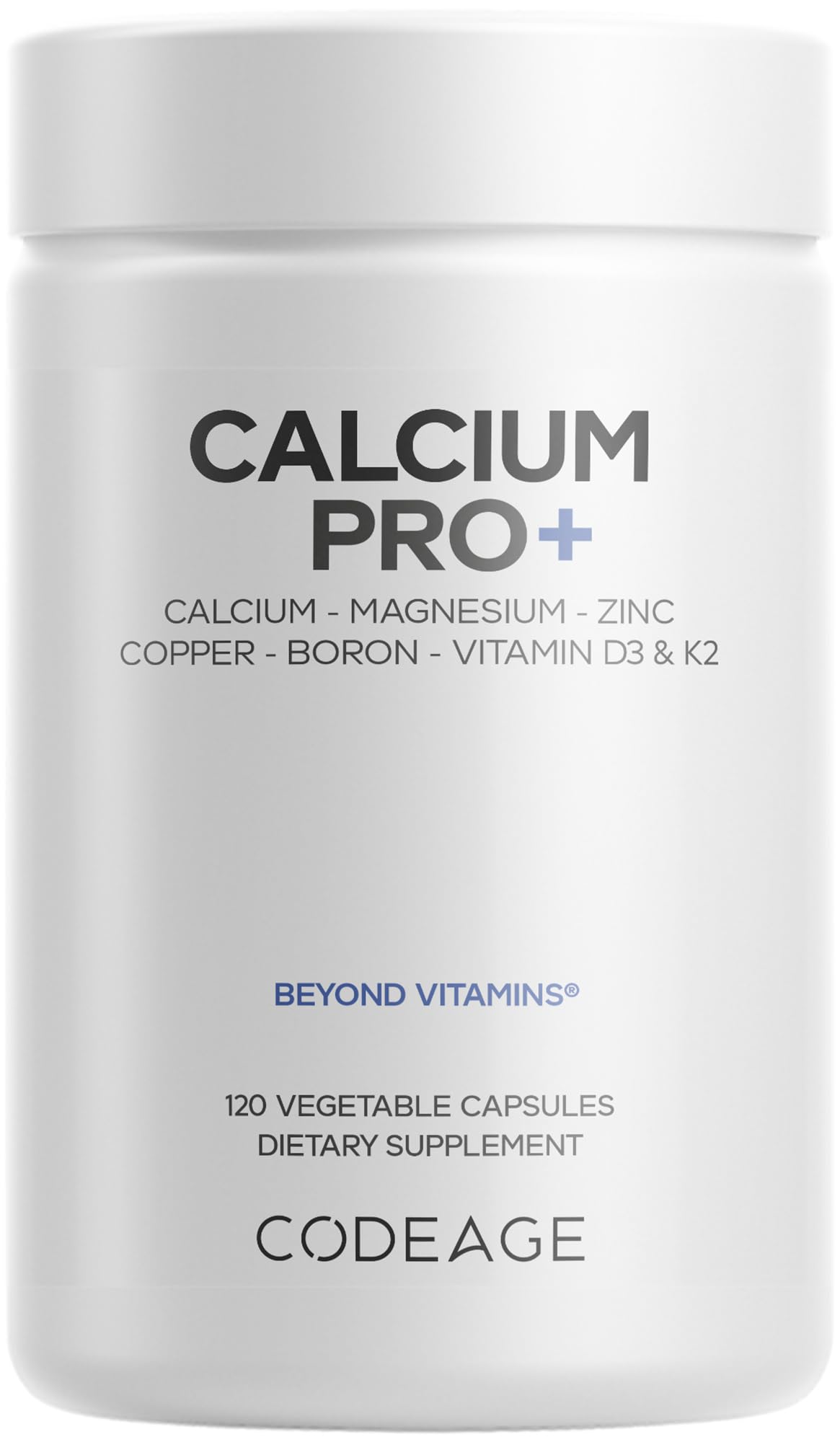 Front view of Codeage Calcium Pro+ 250mg bottle with 120 capsules