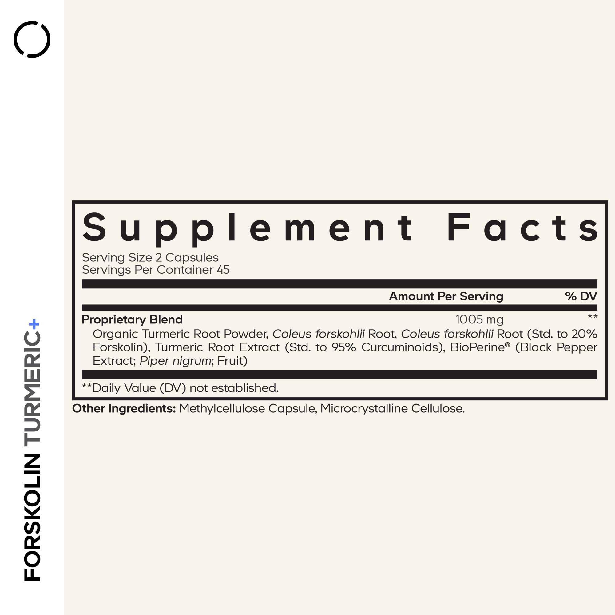 Codeage Forskolin Turmeric label highlights 95% curcuminoids and 20% forskolin potency.
