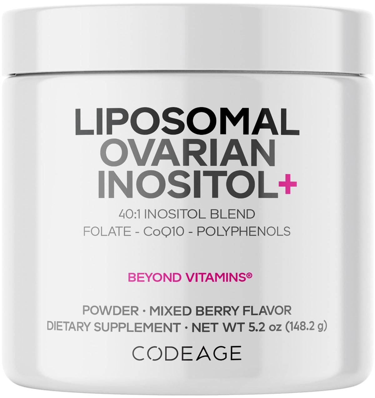 Codeage front packaging showing berry flavored liposomal inositol for easy daily use