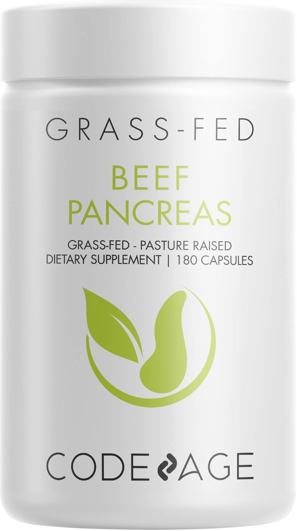 Bottle of Codeage Grass-Fed Beef Pancreas supplement with capsules