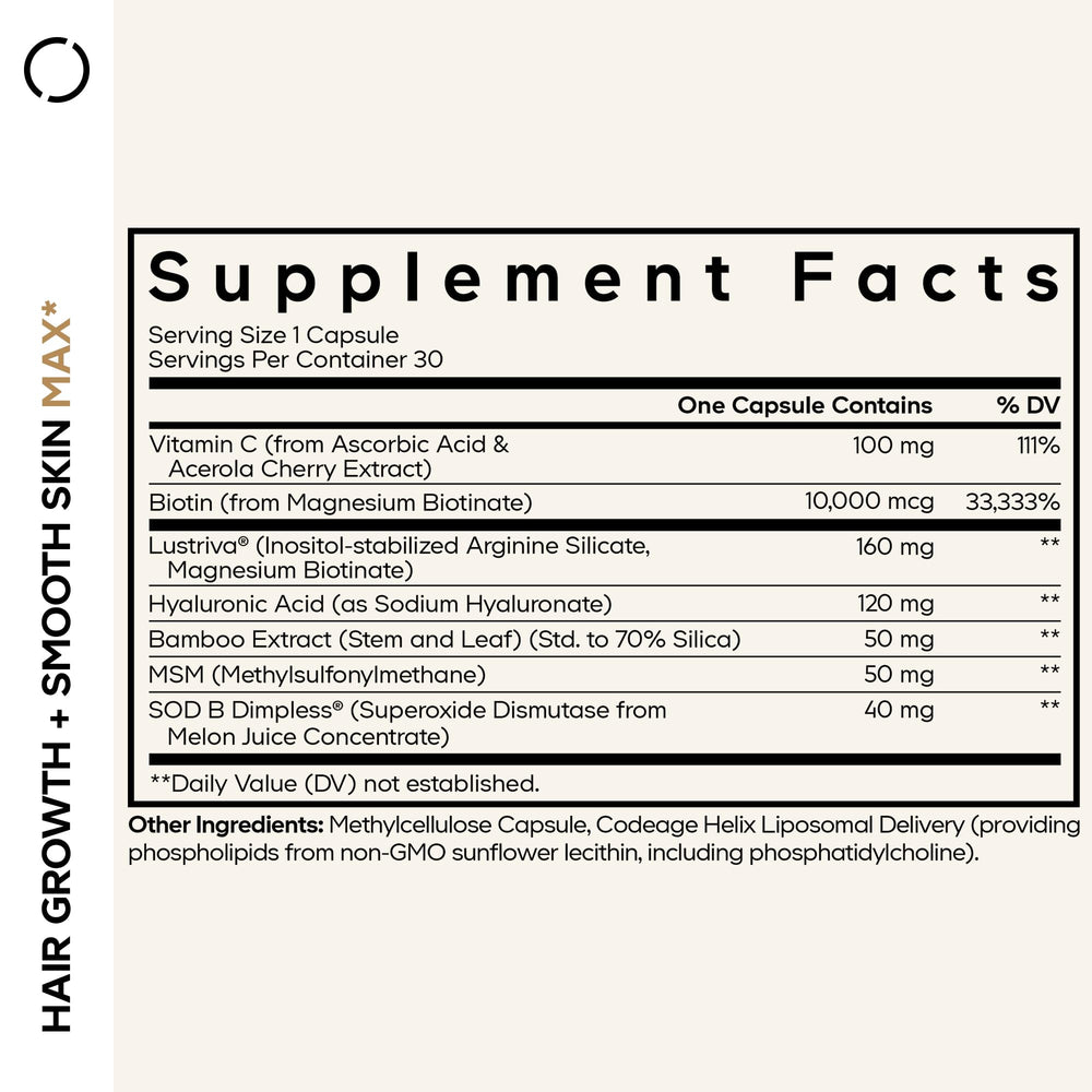 Codeage Hair Growth + Smooth Skin Max bottle label close-up