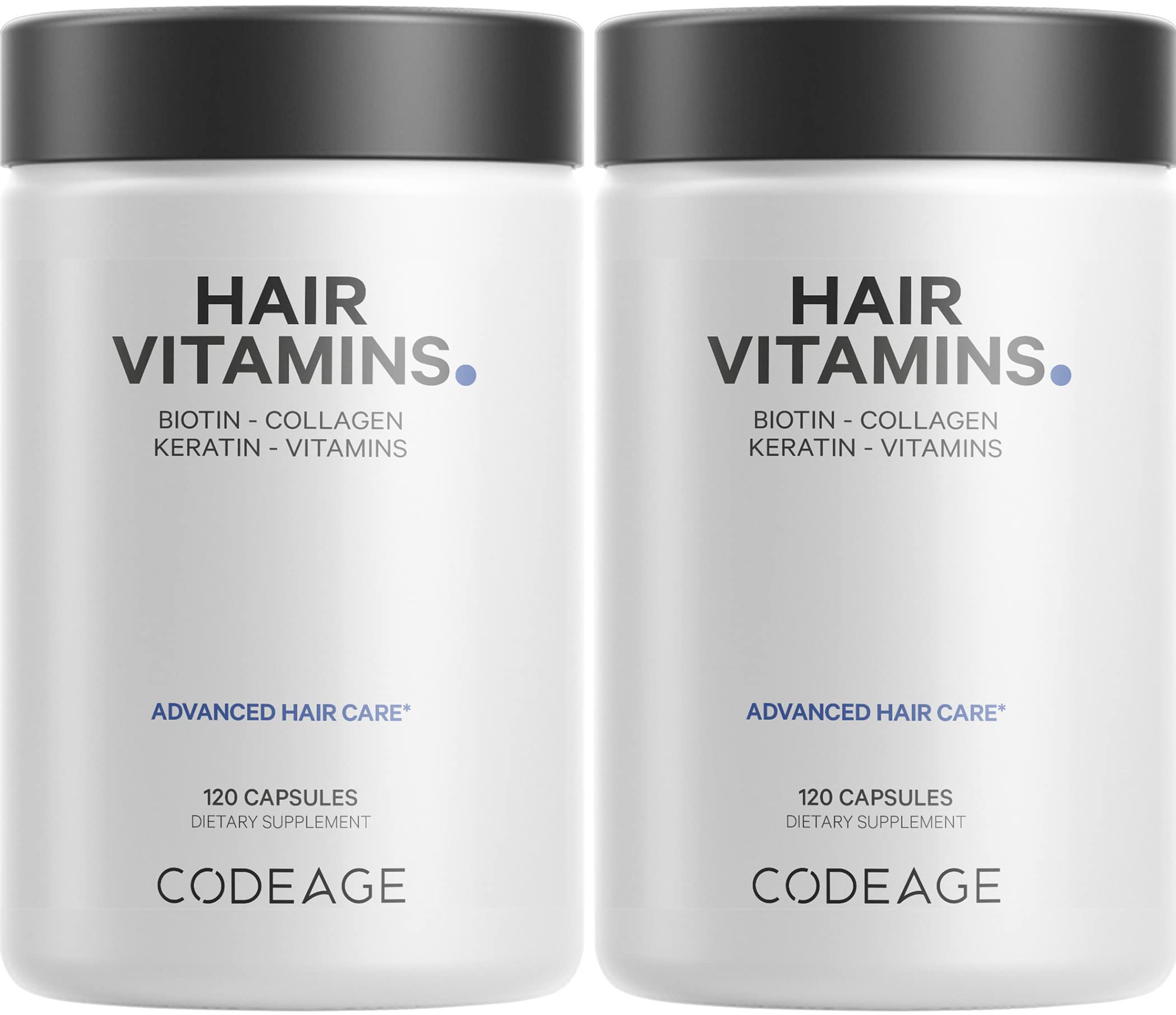 Codeage Hair Vitamins bottle showing 10000 mcg biotin, keratin, and collagen blend