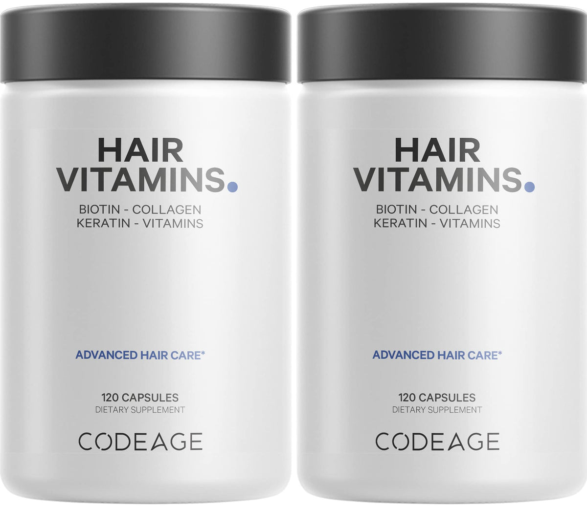 Codeage Hair Vitamins bottle showing 10000 mcg biotin, keratin, and collagen blend