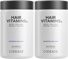 Codeage Hair Vitamins bottle showing 10000 mcg biotin, keratin, and collagen blend