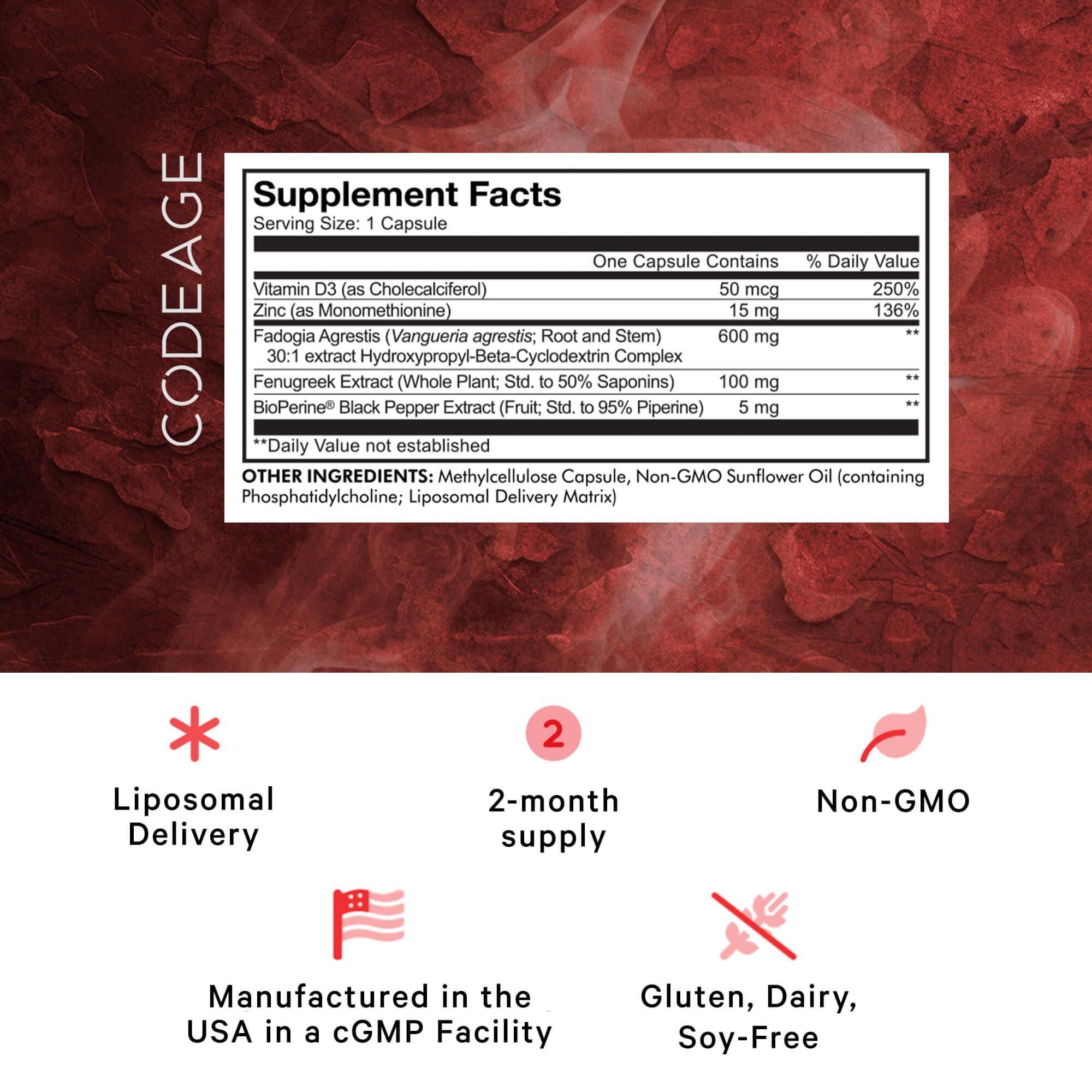 Bottle and capsules of Codeage Liposomal Fadogia Agrestis 600mg