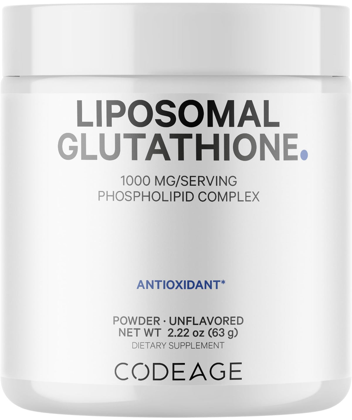 Codeage Liposomal Glutathione Powder bottle showing 2-month supply and 2.22 oz
