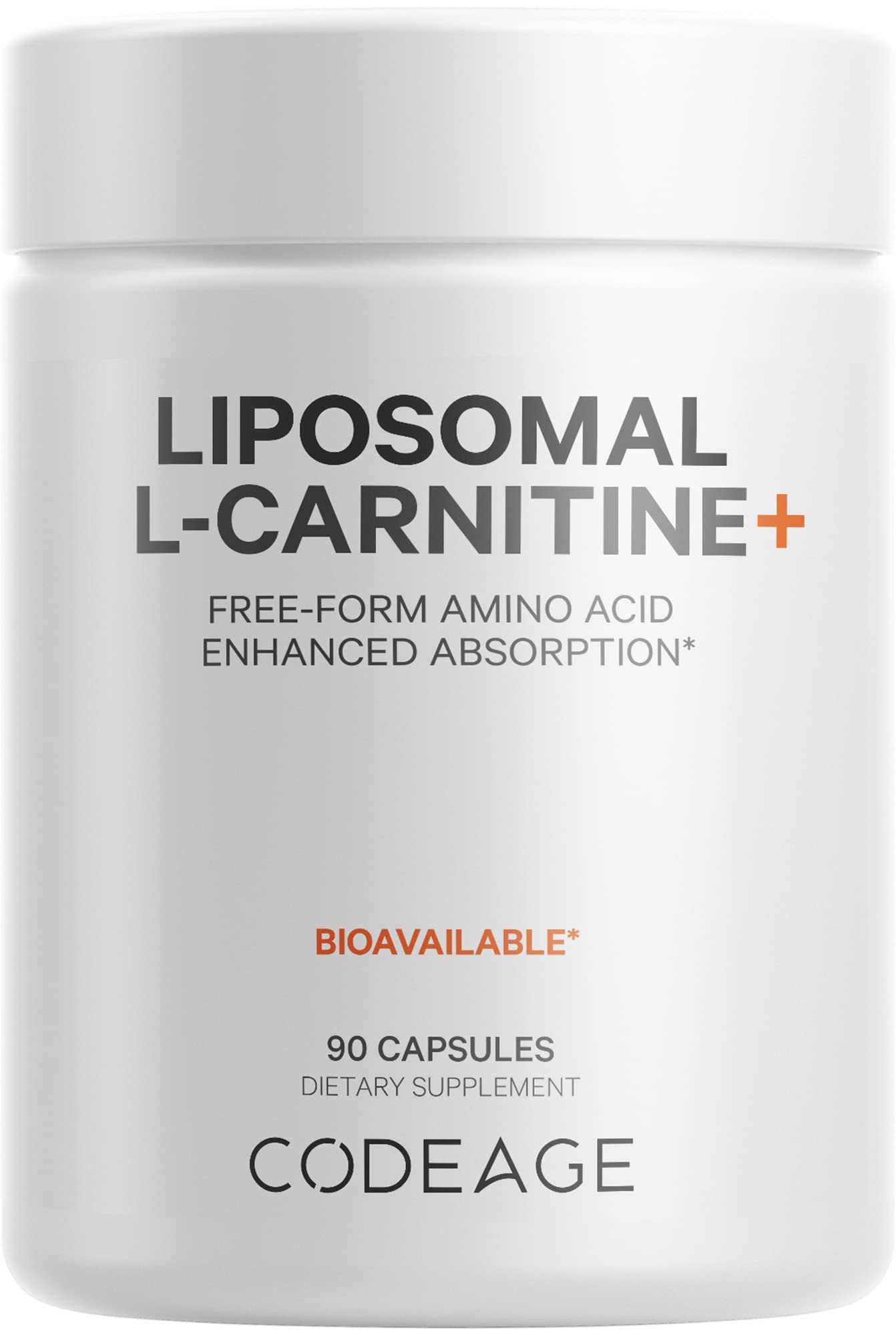 Codeage Liposomal L-Carnitine+ bottle shows 3-month supply of 90 capsules for convenient daily use