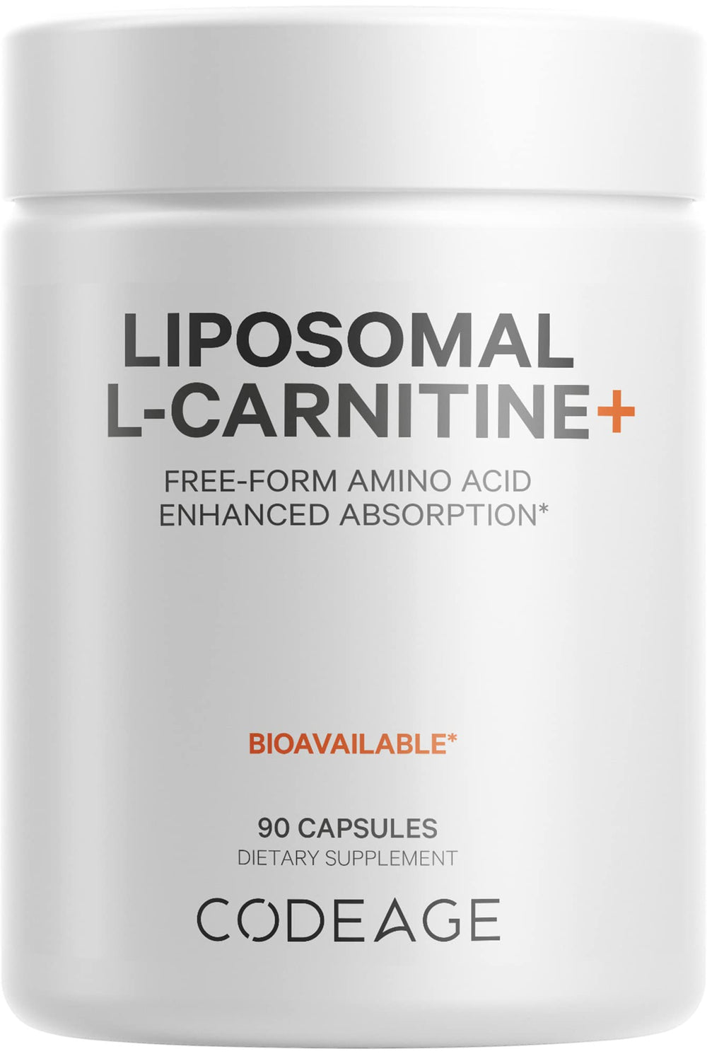 Codeage Liposomal L-Carnitine+ bottle shows 3-month supply of 90 capsules for convenient daily use