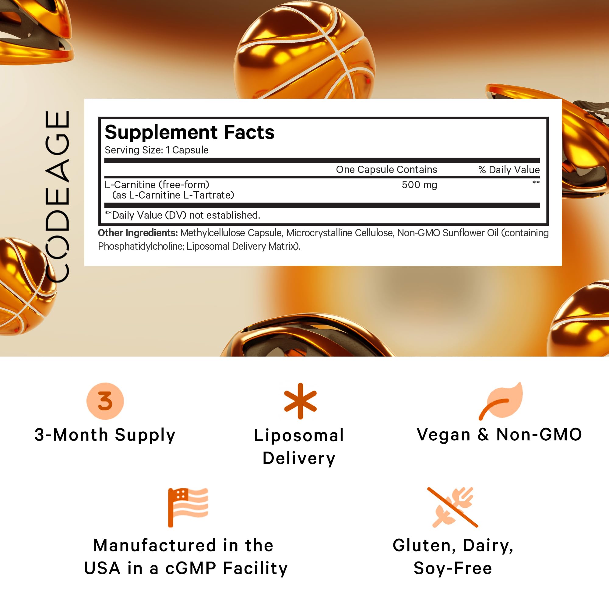 Codeage Liposomal L-Carnitine+ capsules close-up highlighting convenient daily capsule form