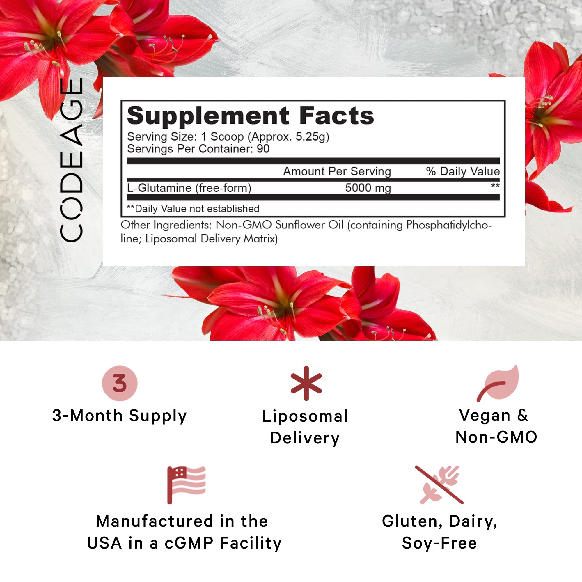 Scooped L-Glutamine powder being poured from container