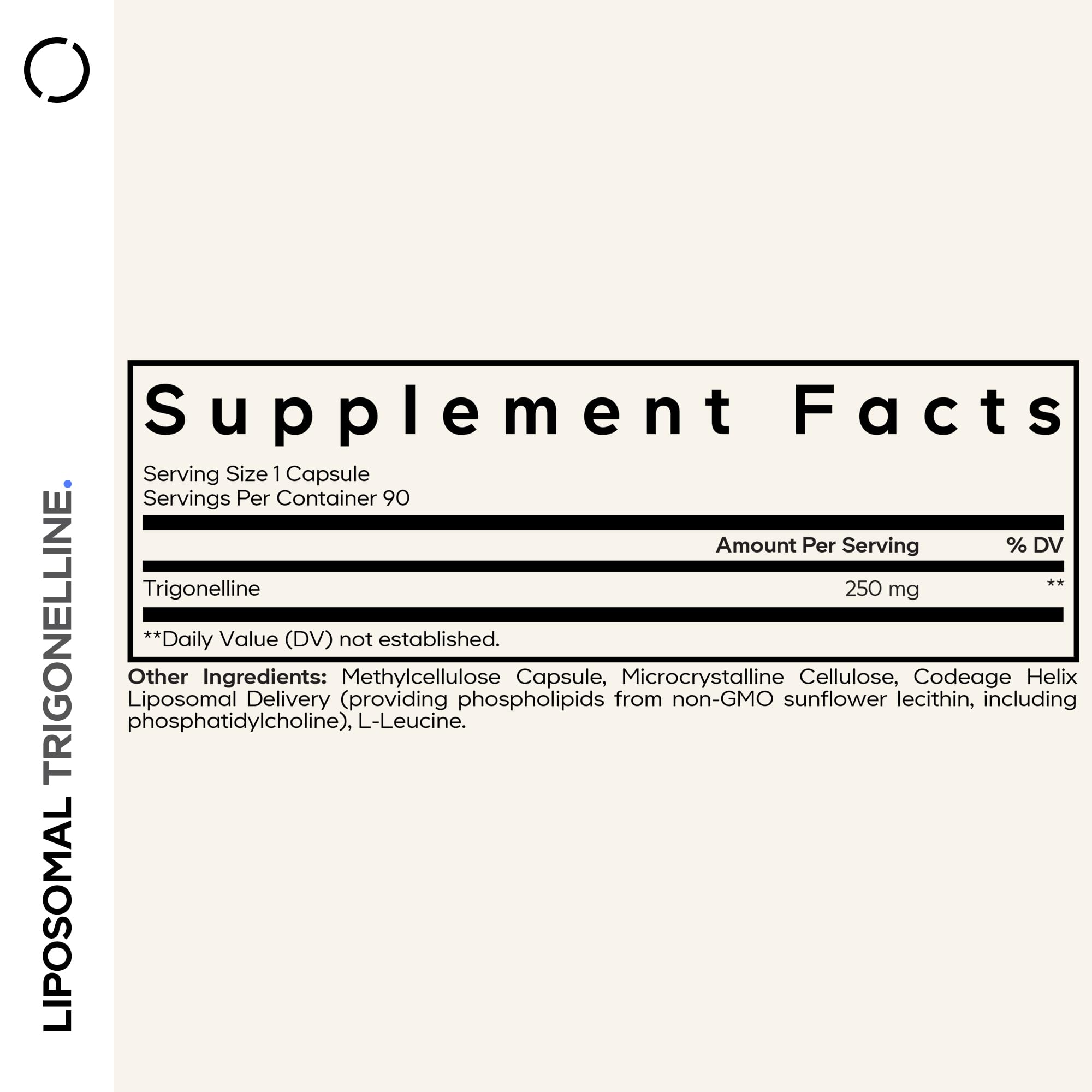 Bottle back label of Codeage Liposomal Trigonelline
