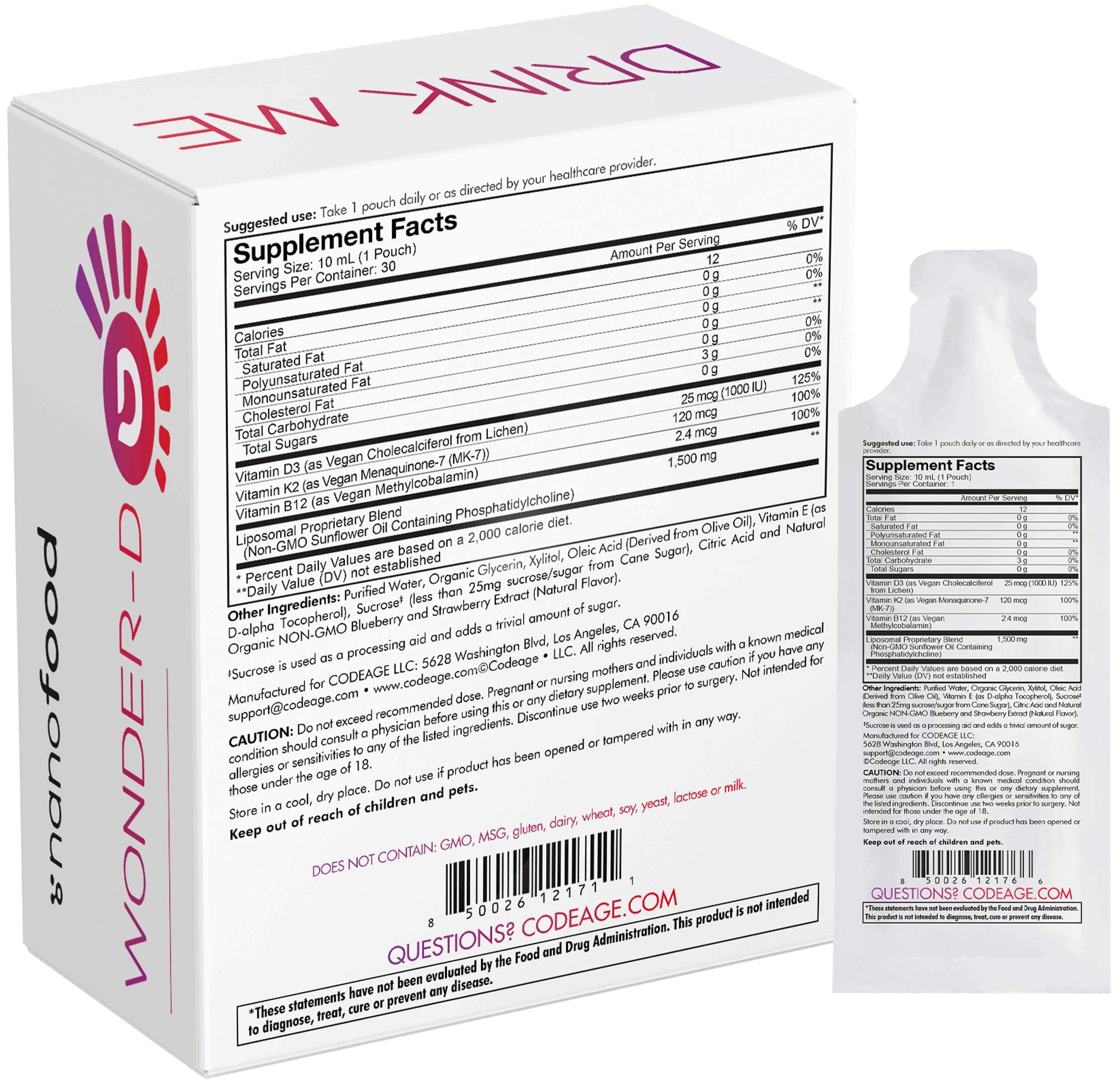 Nutrition panel showing 1000 IU D3 per sachet