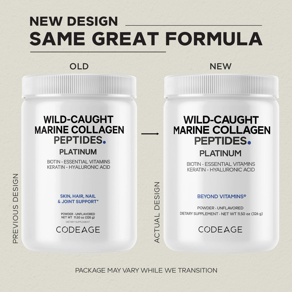 Close-up of Codeage Marine Collagen Platinum bottle on countertop