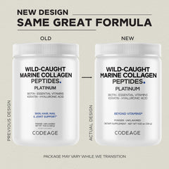 Close-up of Codeage Marine Collagen Platinum bottle on countertop