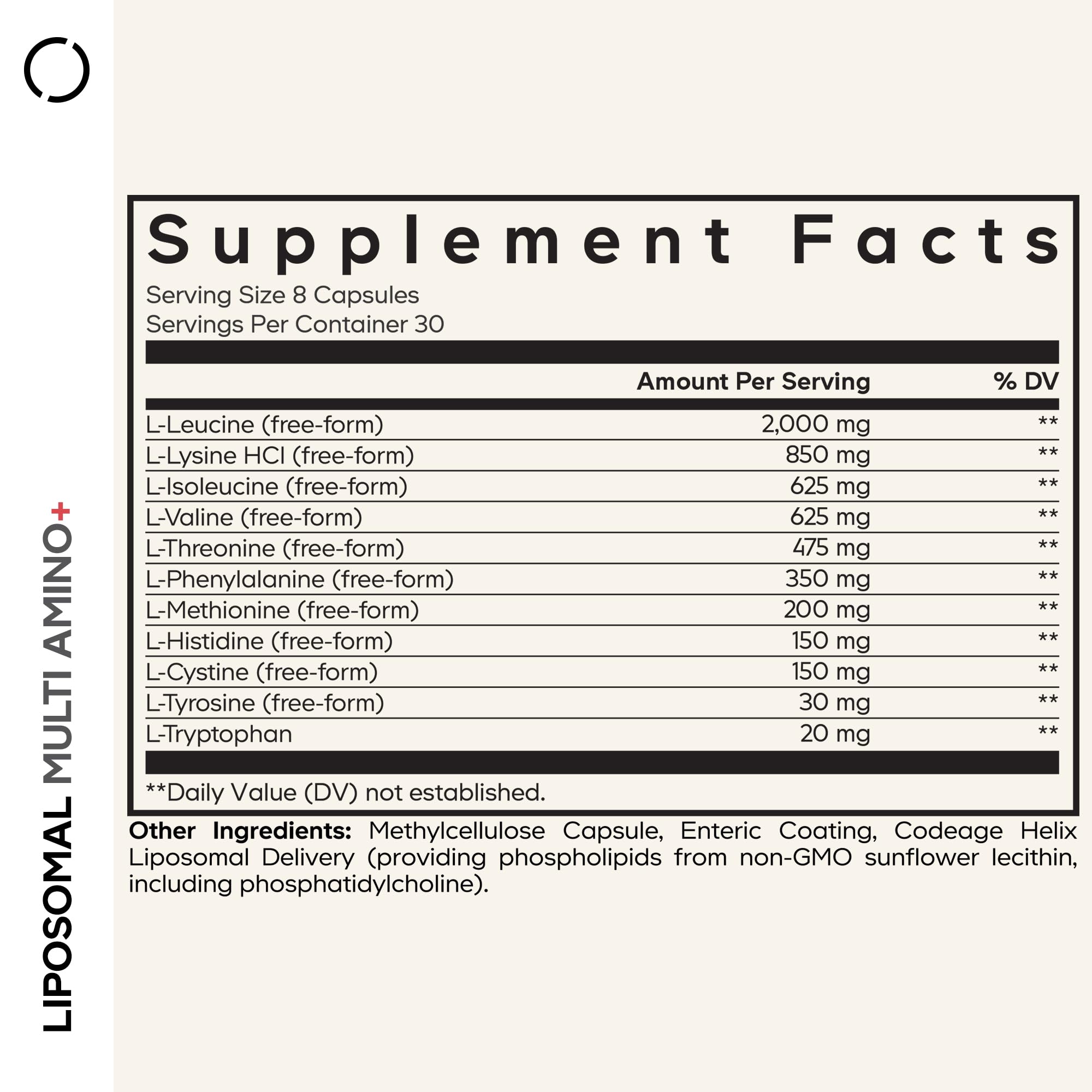 Codeage Liposomal Multi Amino+ bottle back label with nutrition facts