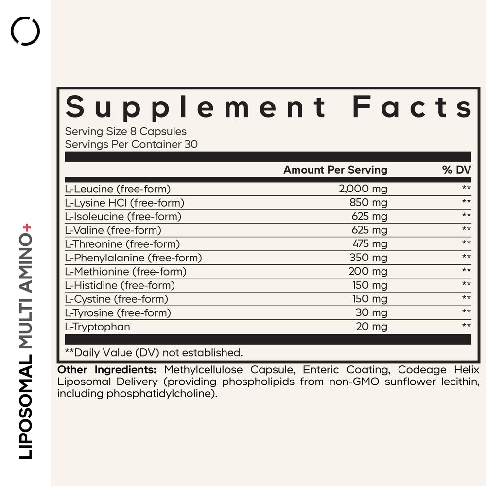 Codeage Liposomal Multi Amino+ bottle back label with nutrition facts