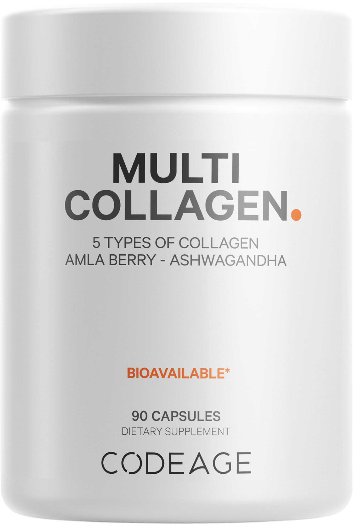 Front view of Codeage Multi Collagen Capsules bottle containing 90 capsules