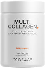 Front view of Codeage Multi Collagen Capsules bottle containing 90 capsules