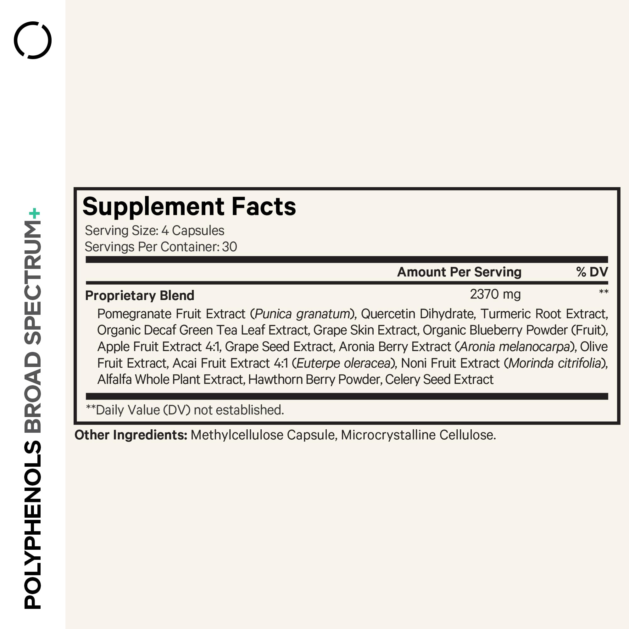Front view of Codeage Polyphenols Broad Spectrum bottle with capsules