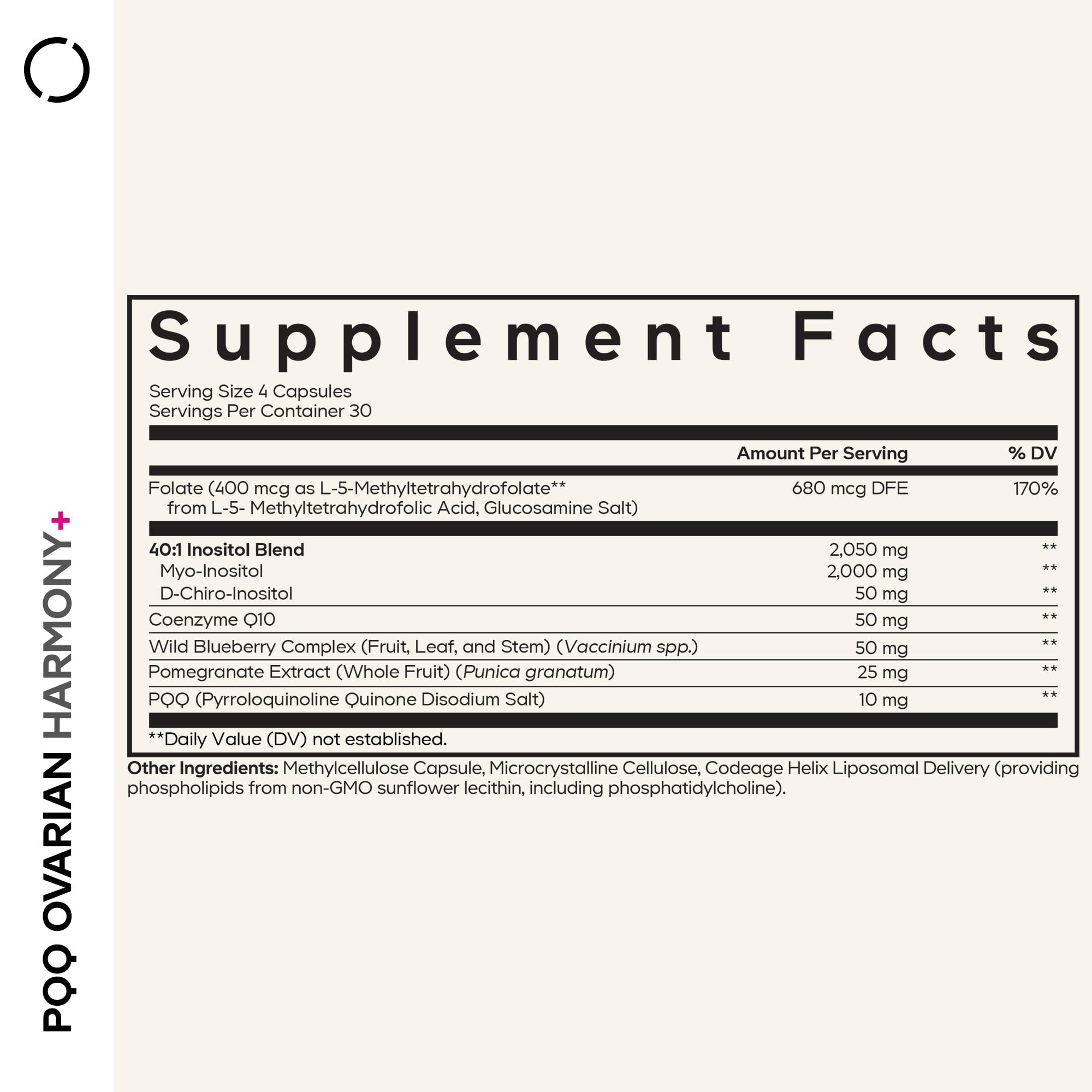 Codeage PQQ Ovarian Harmony+ bottle – back view with supplement facts