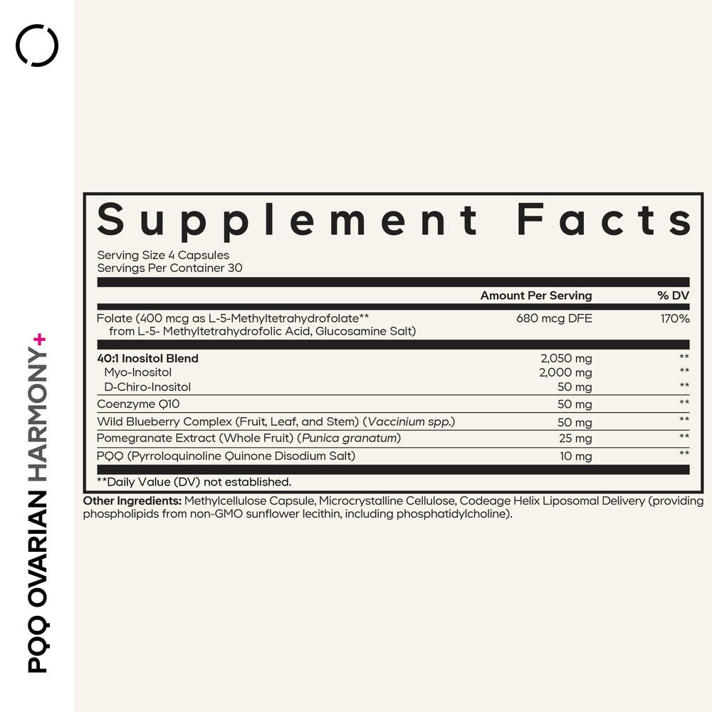 Codeage PQQ Ovarian Harmony+ bottle – back view with supplement facts