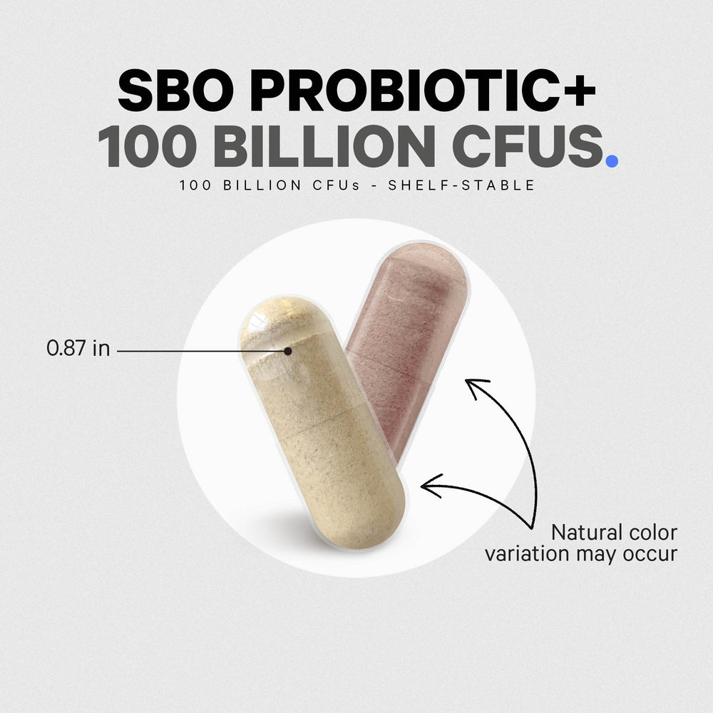 Close-up of Codeage SBO Probiotics capsules and bottle