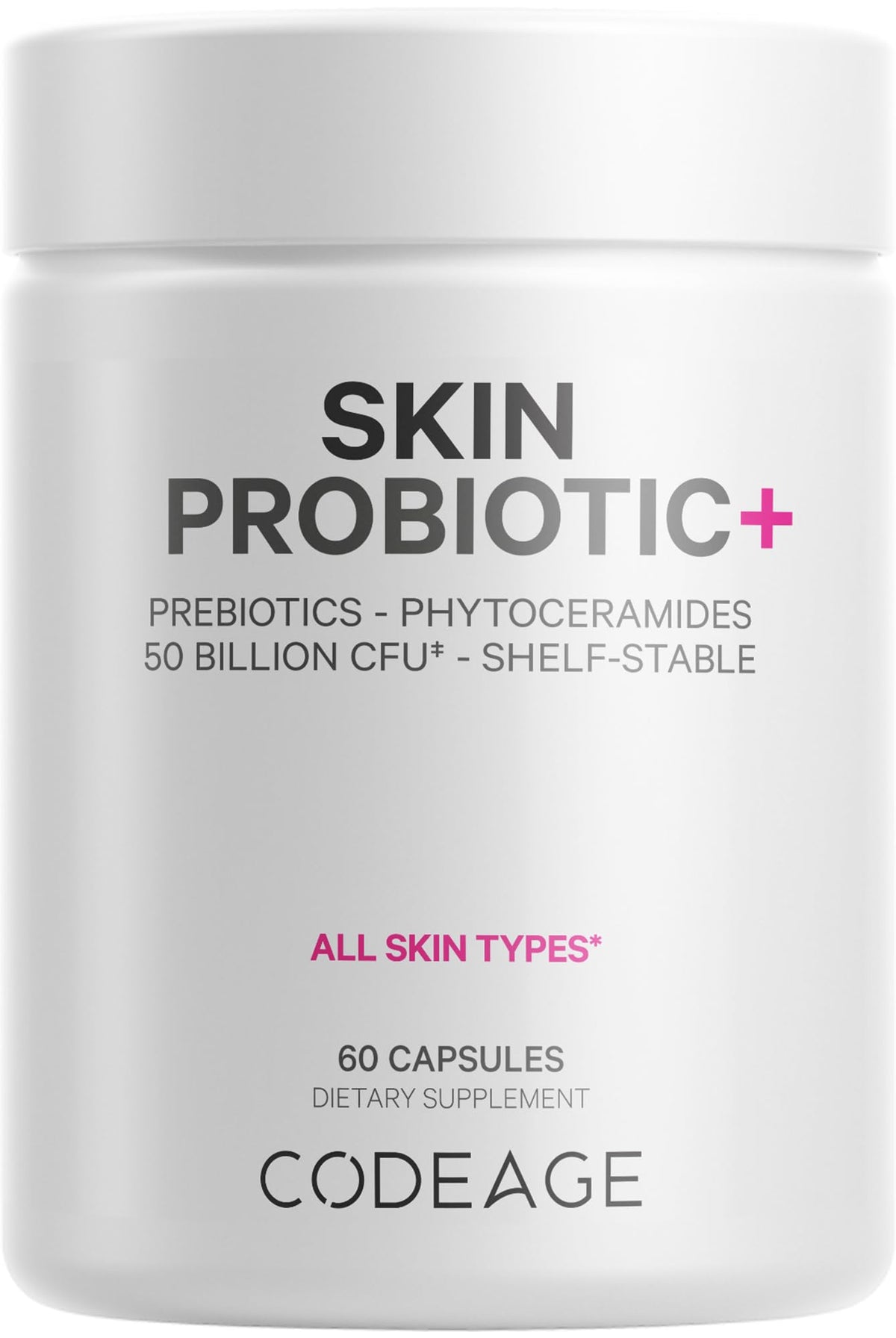 Codeage Skin Probiotics + Prebiotics bottle on a clean surface