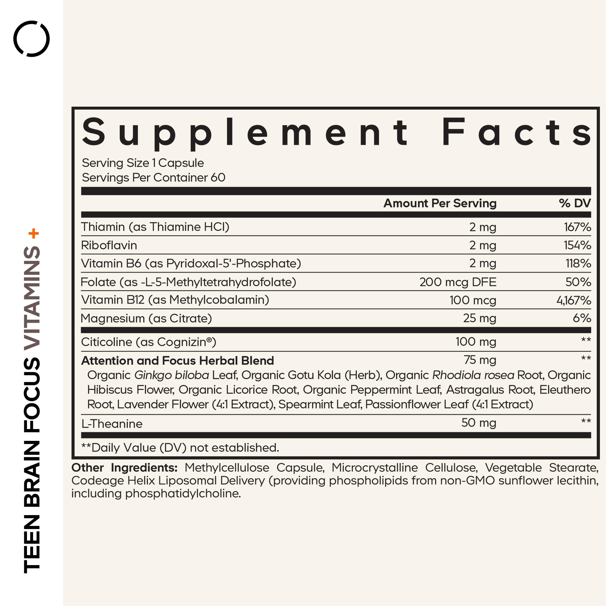 Close-up label on Codeage Teen Brain Focus bottle